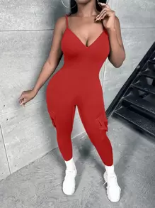Slaydiva Solid Flap Pocket Cami Unitard Jumpsuit - Red - View 3