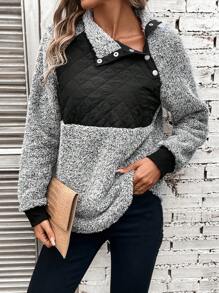 SHEIN LUNE Color Block Drop Shoulder Teddy Sweatshirt In Fall/Winter - Multicolor - View 1