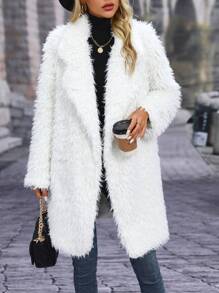 SHEIN LUNE Lapel Neck Open Front Fuzzy Coat - White - View 1