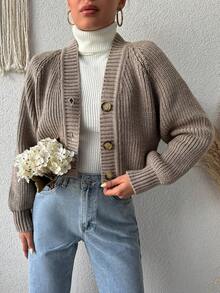 SHEIN Raglan Sleeve Button Front Cardigan - Khaki - View 3