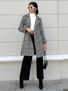 EURMUSE Houndstooth Print Belted Overcoat - Black and White - View 3