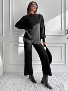 EURMUSE Fringe Hem Drop Shoulder Sweater & Knit Pants - Black - View 3