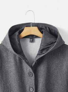 SHEIN EZwear Plus Slogan Patched Detail Dual Pocket Hooded Overcoat - Dark Grey - View 3