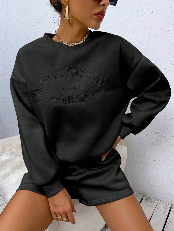 letter embroidery drop shoulder sweatshirt & shorts