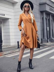 SHEIN Privé Solid Single Button Wrap Dress - Brown - View 4