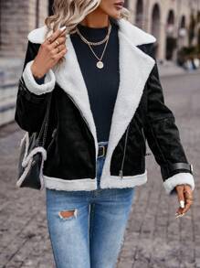 SHEIN Frenchy Teddy Lined Zip Up Moto Jacket - Black and White - View 4