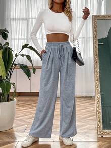 SHEIN LUNE Pantalones deportivos de cintura con cordón de pierna ancha - Gris - Ver 4