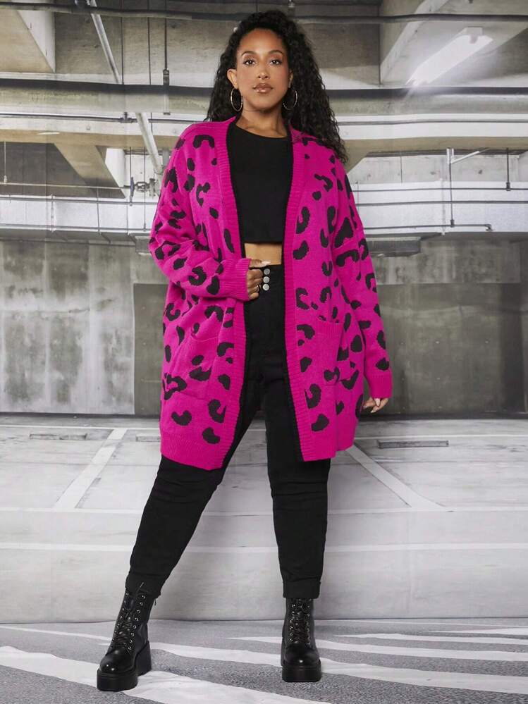 SHEIN CURVE+ Plus Leopard Pattern Drop Shoulder Duster Cardigan