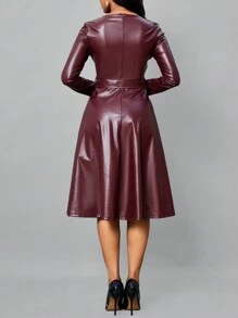 SHEIN Lady Women Spring Autumn Solid Color PU Leather Round Neck Long Sleeve Midi Elegant Office Dress