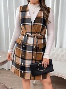 Flirla Plus Plaid Print Double Breasted Dress Without Tee - Multicolor - View 1