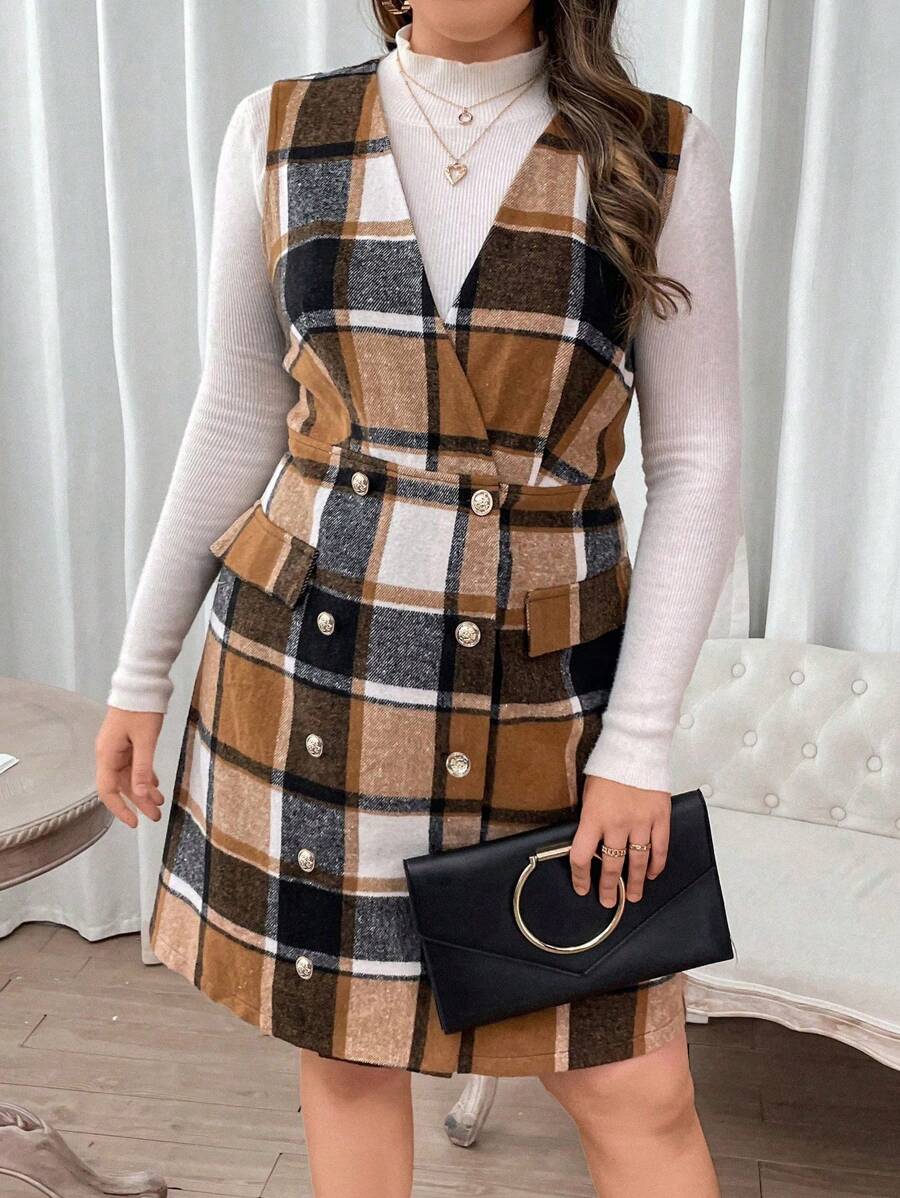 Flirla Plus Plaid Print Double Breasted Dress Without Tee - Multicolor - View 1