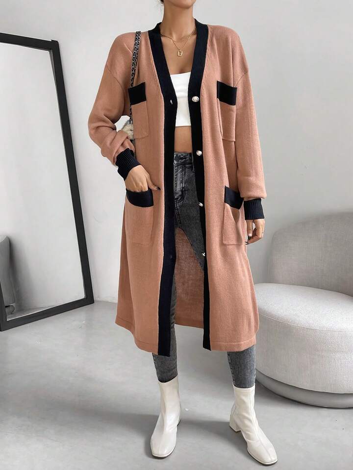 Contrast Trim Dual Pocket Drop Shoulder Cardigan | SHEIN EUR