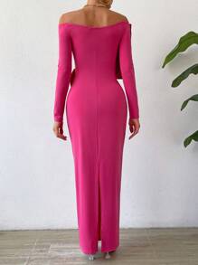 SHEIN Privé Off Shoulder Twist Front Bodycon Dress - Hot Pink - View 4