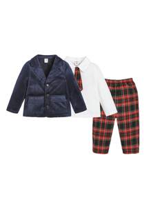 SHEIN 男嬰1入組格紋印花襯衫帶系帶&1入組格子呢圖案長褲&1入組西裝外套 - 彩色 - 查看 3