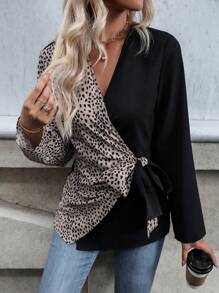 SHEIN Clasi Contrast Leopard Print Knot Side Wrap Blouse - Black - View 5