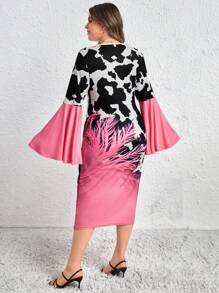 Celure 大碼圖案印花喇叭袖洋裝 - 粉色 - 查看 2