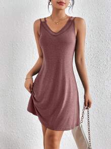 SHEIN Frenchy Women's Green Lace Spliced Textured Fabric V-Neck Summer Dress