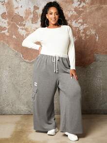 SHEIN CURVE+ Hơn Eo dây rút Túi nắp bên cạnh Quần thể thao - Nhiều màu - Xem 6