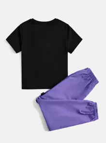 SHEIN Leap Crew Tween Girl Letter Graphic Tee & Flap Pocket Drawstring Waist Pants - Violet Purple - View 2