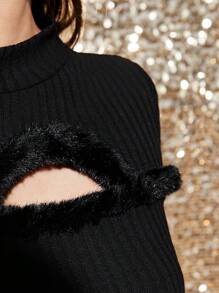 Teen Girl Fuzzy Trim Cut Out Front Rib-knit Fitted Dress - White - View 5