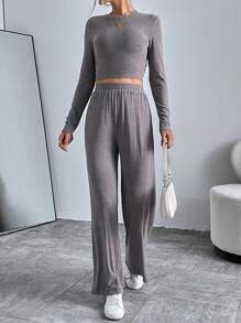 SHEIN Essnce Solid Crop Tee & Wide Leg Pants - Grey - View 1