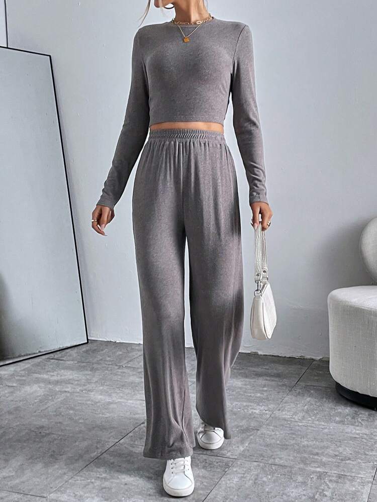 Solid Crop Tee & Wide Leg Pants
