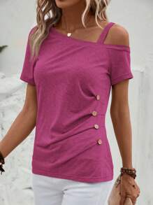 EMERY ROSE Button Detail Asymmetrical Neck Tee - Hot Pink - View 5