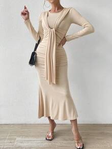 SHEIN Essnce 素色褶邊前垂褶緊身洋裝 - 杏色 - 查看 6