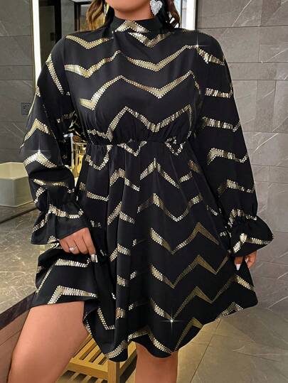 SHEIN Unity Talla grande Vestido con estampado de cheurón de manga con volante