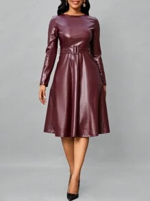 SHEIN Lady Women Spring Autumn Solid Color PU Leather Round Neck Long Sleeve Midi Elegant Office Dress