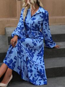 SHEIN Frenchy Floral Print Lantern Sleeve Ruffle Hem Belted Shirt Dress - Blue - View 5