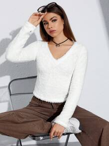 SHEIN EZwear 純色 V 領蓬鬆針織短款毛絨運動衫 - 白色 - 查看 5