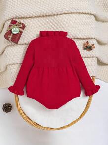 SHEIN Body con volantes en el cuello, lazo al frente y mangas de volantes de punto para bebé niña, para Navidad
