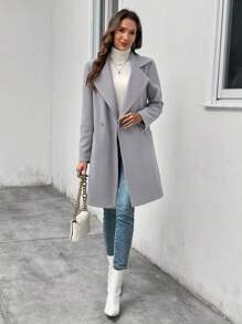 SHEIN Clasi Lapel Neck Pocket Patched Belted Overcoat - Grey - View 5