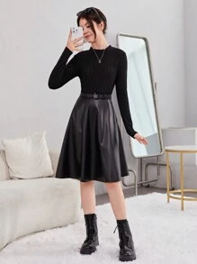 SHEIN 青少年女孩素色條紋針織洋裝不附腰帶 - 黑色 - 查看 5