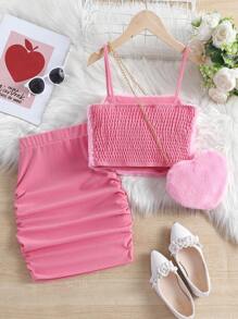 SHEIN Leap Crew Tween Girl Solid Fuzzy Cami Top & Ruched Skirt & Bag - Multicolor - View 2