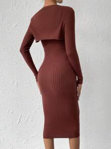 Chiquease Ribbed Knit Sweater Dress & Super Crop Sweater - Coffee Brown - View 2
