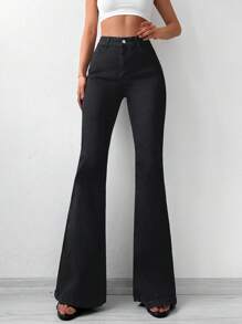 EURMUSE Solid Flare Leg Jeans - Black - View 1