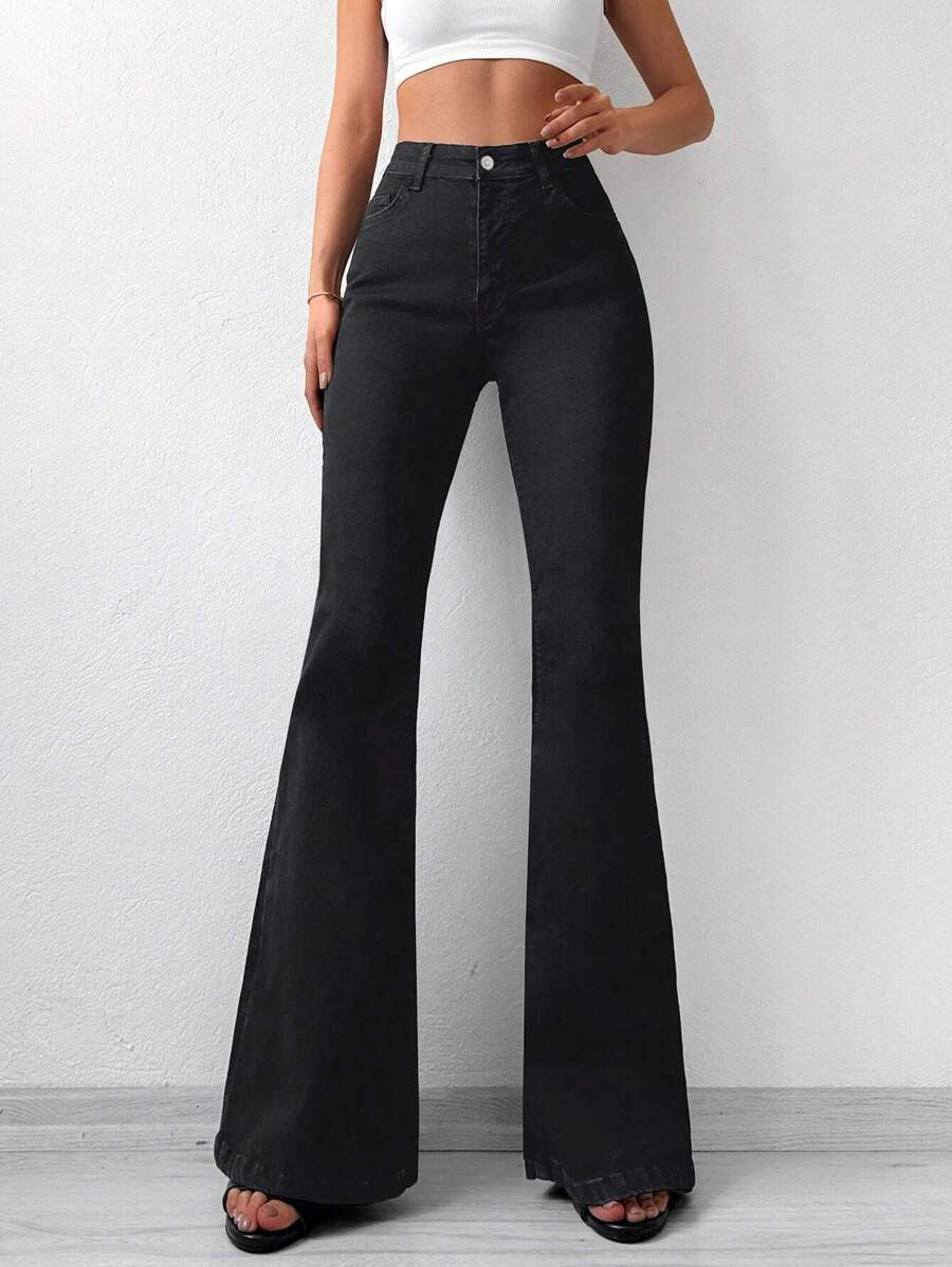 EURMUSE Solid Flare Leg Jeans - Black - View 1