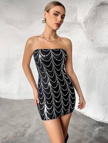SHEIN Privé Sequin Decor Tube Bodycon Dress - Black - View 3