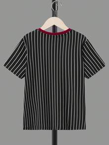 SHEIN Tween Boy Striped & Letter Graphic Contrast Binding Tee - Red - View 2