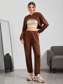 青少年女孩短款連帽衫和運動褲和字母圖案背心上衣 - 彩色 - 查看 3