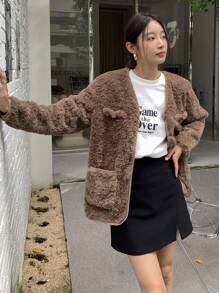 DAZY Dual Pocket Button Front Teddy Coat - Khaki - View 9