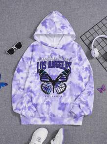 SHEIN Leap Crew Teen Girl Tie Dye Butterfly & Letter Graphic Drop Shoulder Hoodie - Multicolor - View 1
