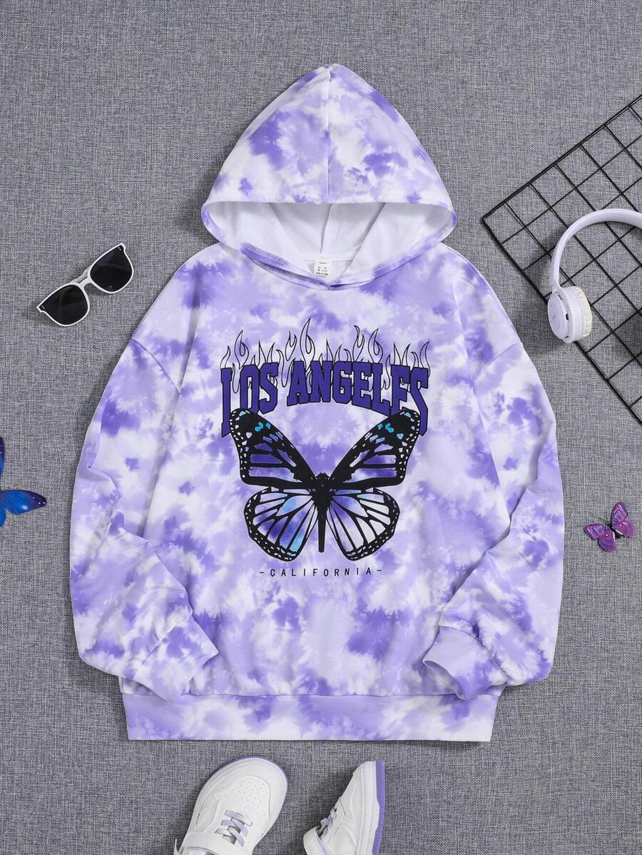 SHEIN Leap Crew Teen Girl Tie Dye Butterfly & Letter Graphic Drop Shoulder Hoodie - Multicolor - View 1