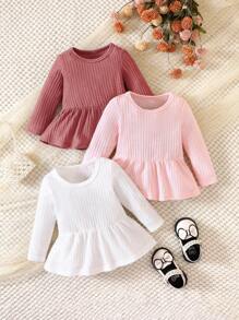 女嬰3入組條紋針織荷葉邊下擺T恤 - 彩色 - 查看 1