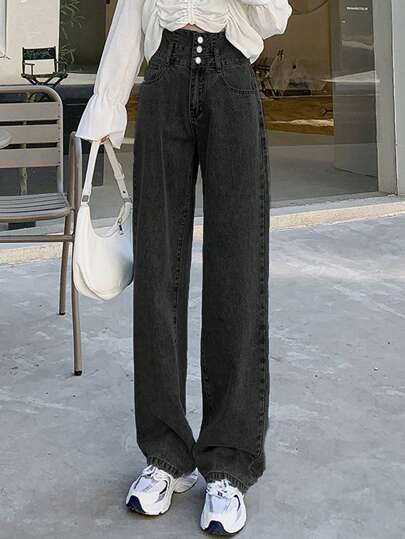 Solid High Waist Wide Leg Jeans