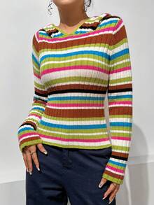 SHEIN Unity 條紋圖案條紋針織套頭毛衣 - 彩色 - 查看 5