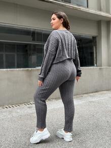 SHEIN Essnce Plus Cable Knit Drop Shoulder Sweater & Knit Pants - Grey - View 2