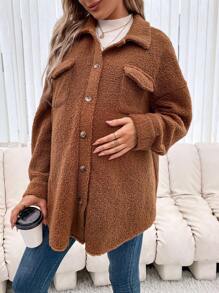 SHEIN Maternity Flap Pocket Drop Shoulder Teddy Coat, For Winter - Brown - View 5